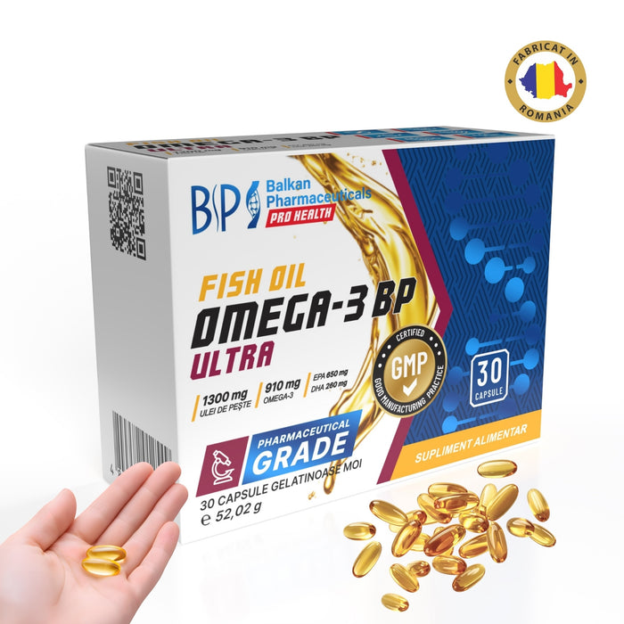 Supliment alimentar Balkan Pharmaceuticals Omega-3 BP Ultra, ulei de pește, 1300 mg, 30 capsule moi