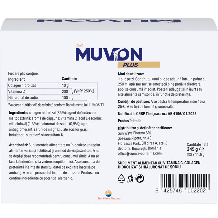 Supliment alimentar Sun Wave Pharma Muvon Plus, cu colagen hidrolizat și vitamina C, 30 plicuri