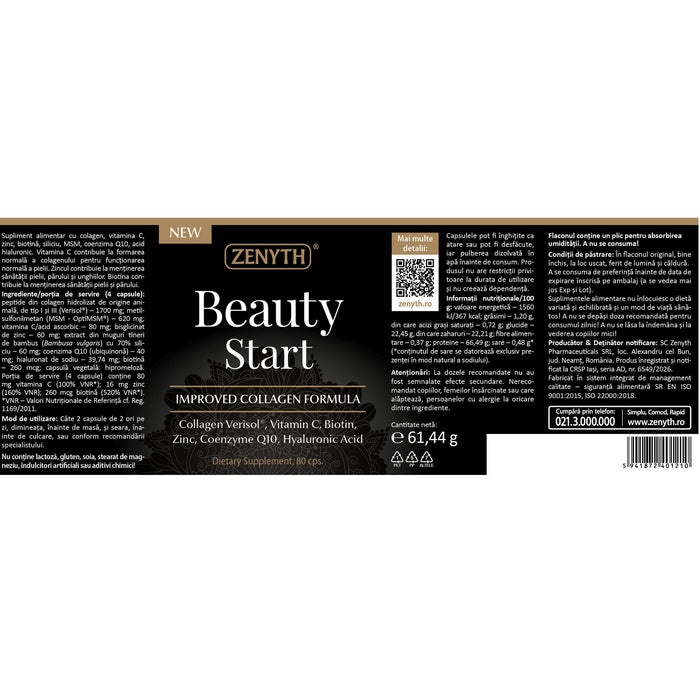 Supliment alimentar Zenyth Pharmaceuticals Beauty Start, cu colagen, 750 mg, 80 capsule