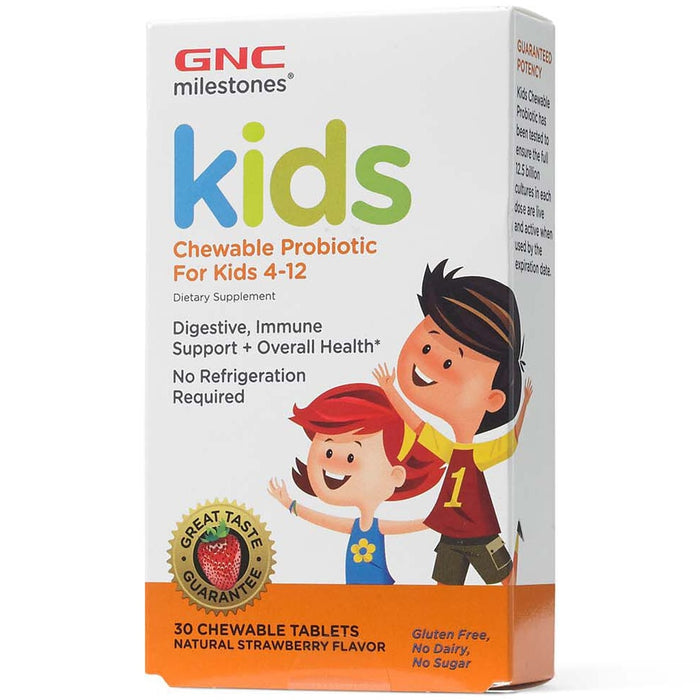 Supliment alimentar GNC Milestones Kids Chewable Probiotic, pentru copii 4–12 ani, aromă naturală de căpșuni, 30 tablete masticabile