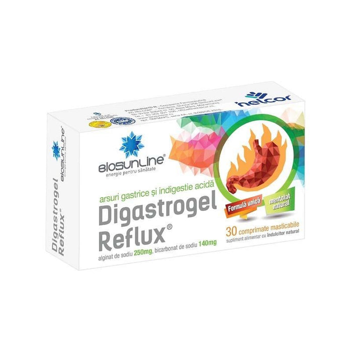 Supliment alimentar Helcor Digastrogel Reflux, cu alginat de sodiu și bicarbonat de sodiu, comprimate masticabile, 30 comprimate