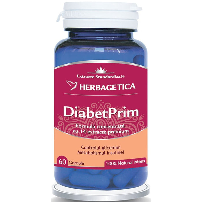 Supliment alimentar Herbagetica DiabetPrim, cu extracte vegetale și crom, 60 capsule