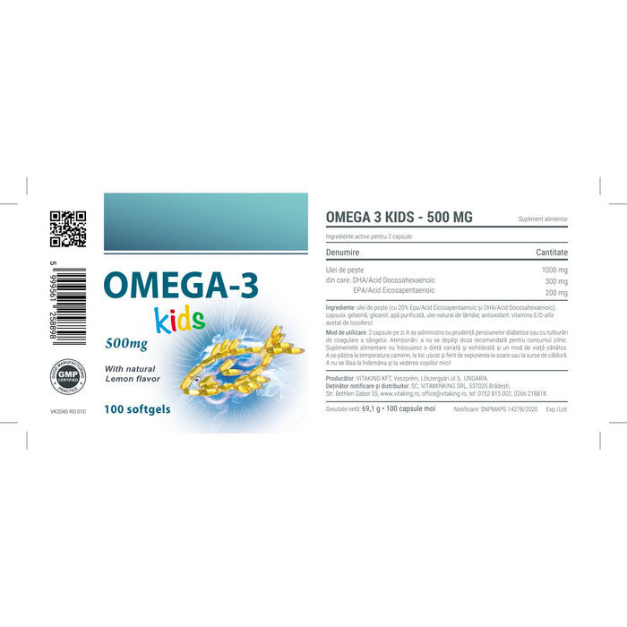 Supliment alimentar Vitaking Omega-3 Kids, 500 mg, aromă naturală de lămâie, pentru copii, 100 capsule gelatinoase