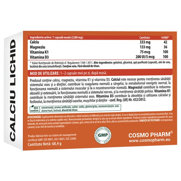Supliment alimentar CosmoPharm Calciu Lichid, cu calciu, magneziu și vitaminele K1 și D3, 30 capsule moi