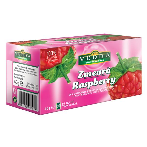 Ceai de fructe Vedda Zmeură, aromă de zmeură, 20 plicuri x 2 g