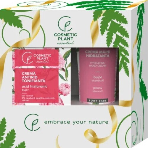 Set cadou Cosmetic Plant Essential, cremă antirid tonifiantă cu acid hialuronic și bujor și cremă de mâini cu bujor, 50 ml + 100 ml