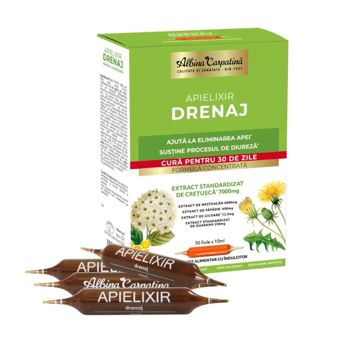 Supliment alimentar Albina Carpatina Apielixir Drenaj, formulă lichidă concentrată, 30 fiole x 10 ml