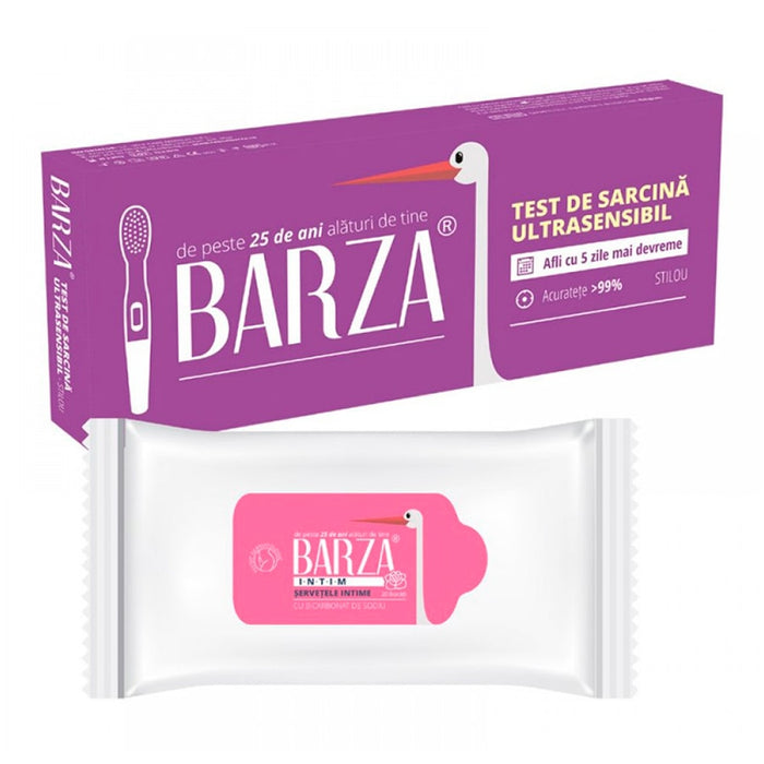 Test de sarcină Barza ultrasensibil, tip stilou, cu șervețele umede, 1 test + 1 pachet