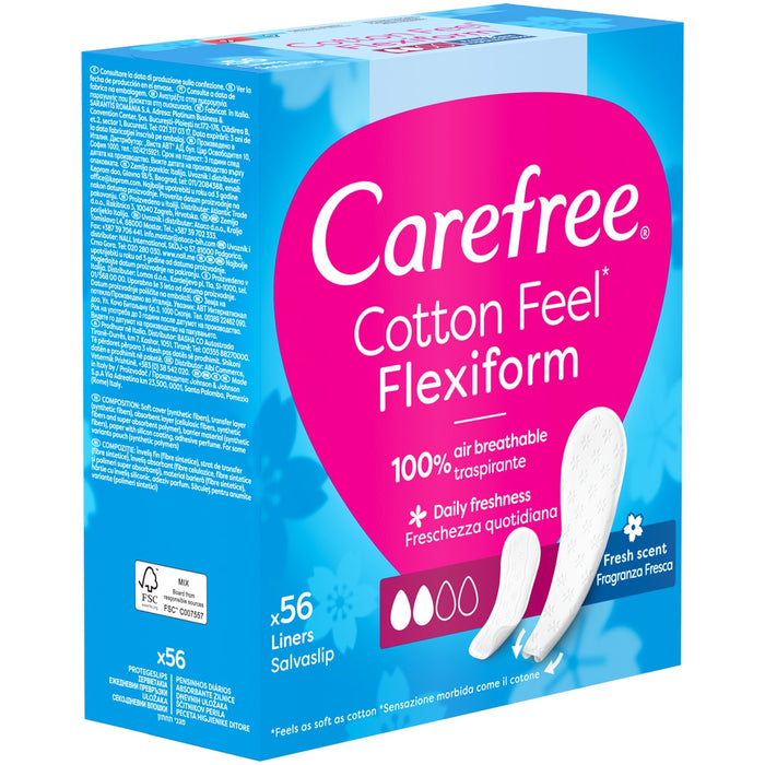 Absorbante zilnice Carefree Cotton Feel Flexiform, parfum proaspăt, respirabile, 56 bucăți