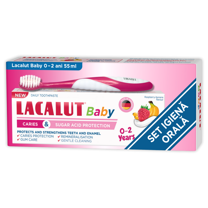 Pastă de dinți Lacalut Baby, pentru copii 0–2 ani, aromă de zmeură și banană, 55 ml + periuță