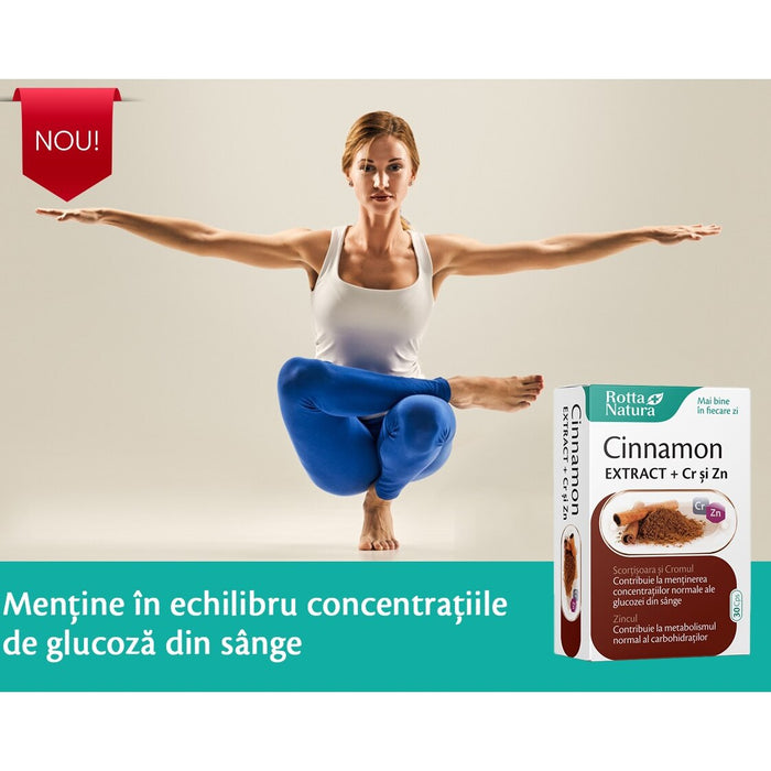 Supliment alimentar Rotta Natura Cinnamon Extract cu crom și zinc, 30 capsule