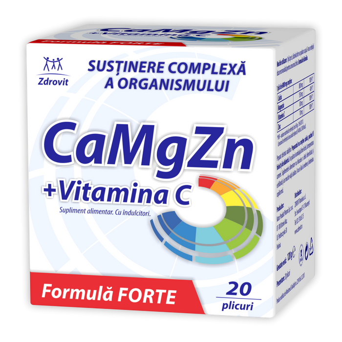 Supliment alimentar Zdrovit CaMgZn + Vitamina C Forte, cu calciu, magneziu și zinc, 20 plicuri