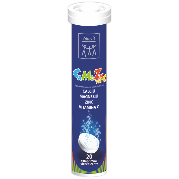 Supliment alimentar Zdrovit Ca Mg Zn + Vitamina C, cu aromă de portocale, 20 comprimate efervescente