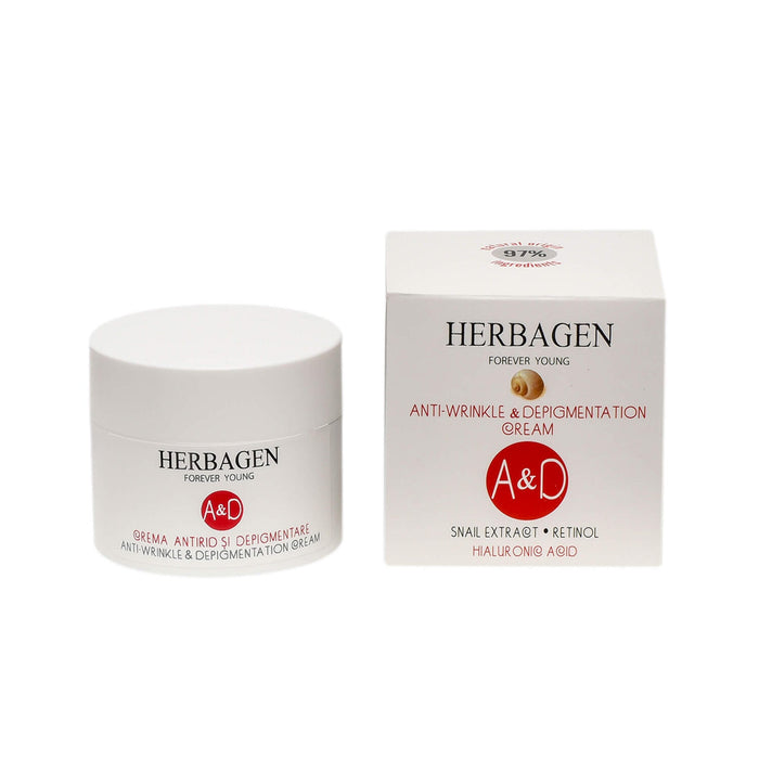 Cremă de față antirid și depigmentare Herbagen cu extract de melc, 50 ml