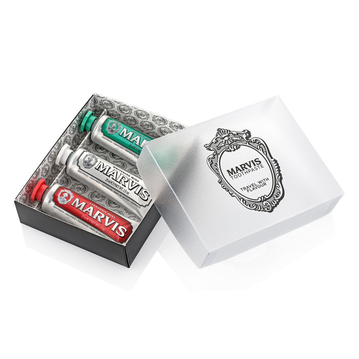 Set pastă de dinți, Marvis, Classic Strong Mint + Whitening Mint + Cinnamon Mint, 3 x 25 ml