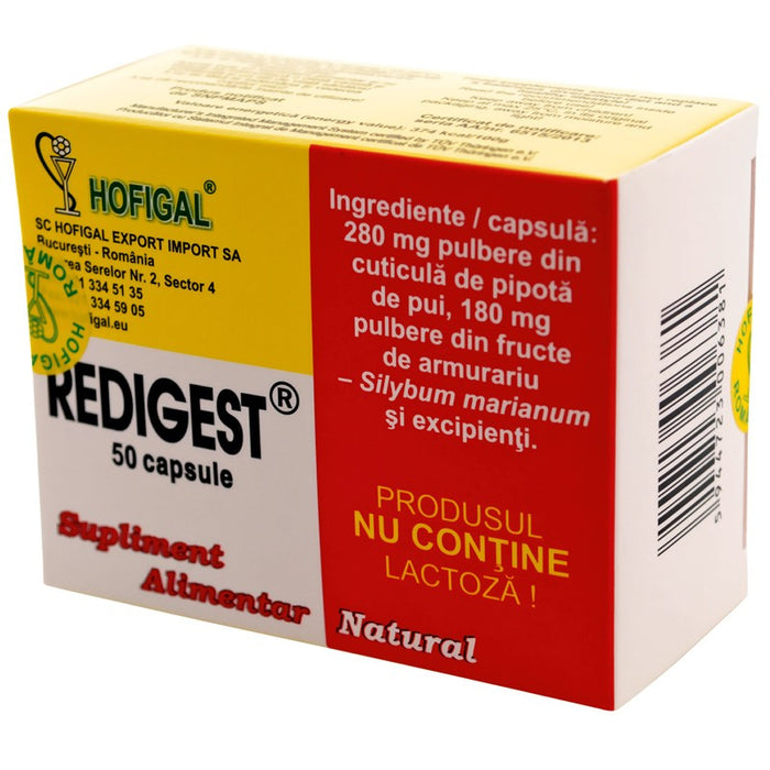 Supliment alimentar Hofigal Redigest, cu armurariu și pulbere din cuticulă de pipotă de pui, 50 capsule