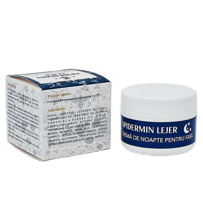 Cremă de noapte pentru față Apidermin Lejer, cu lăptișor de matcă și ulei din sâmburi de caise, 50 ml