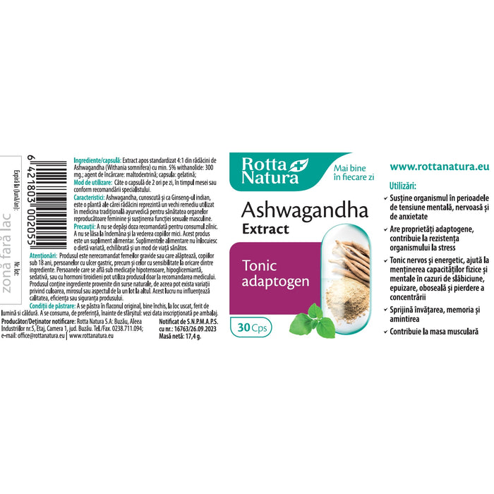 Supliment alimentar Rotta Natura Ashwagandha Extract, extract standardizat, 30 capsule