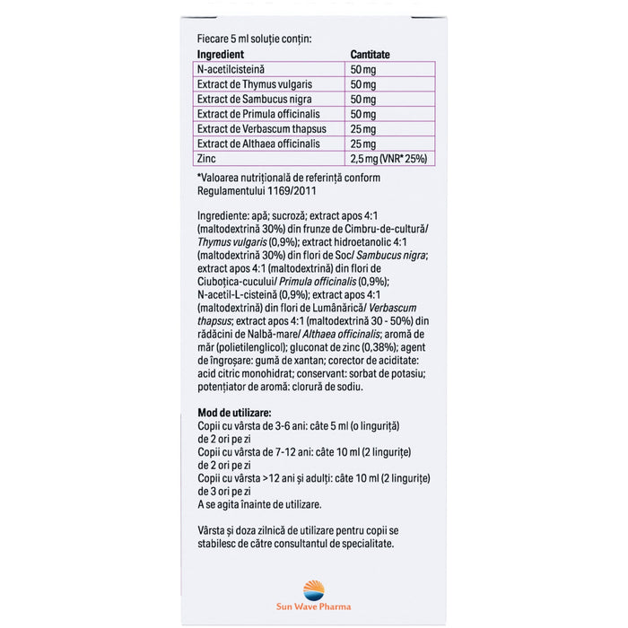 Supliment alimentar Sun Wave Pharma Sinosun, cu N-acetilcisteină și zinc, pentru copii, 120 ml