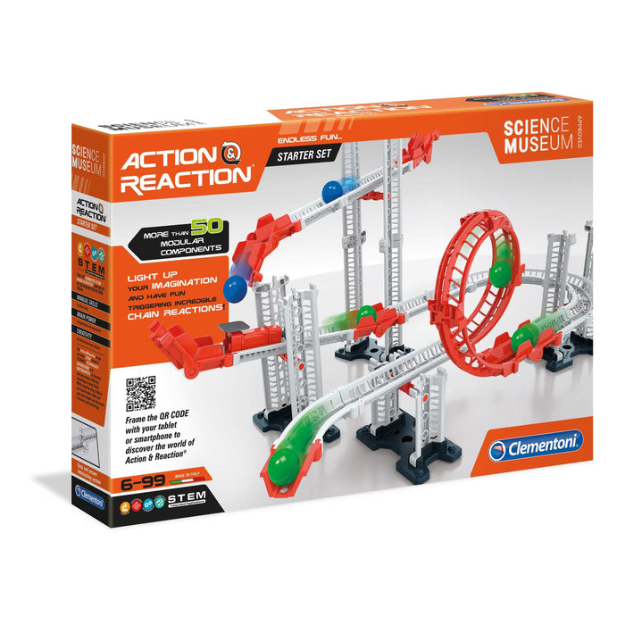 Set de construcție cu bile Clementoni Science & Play Action & Reaction, Starter Set, peste 50 de componente, 6+ ani