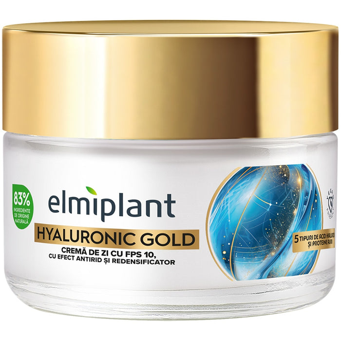 Cremă de zi antirid Elmiplant Hyaluronic Gold, cu 5 tipuri de acid hialuronic și SPF 10, 50 ml