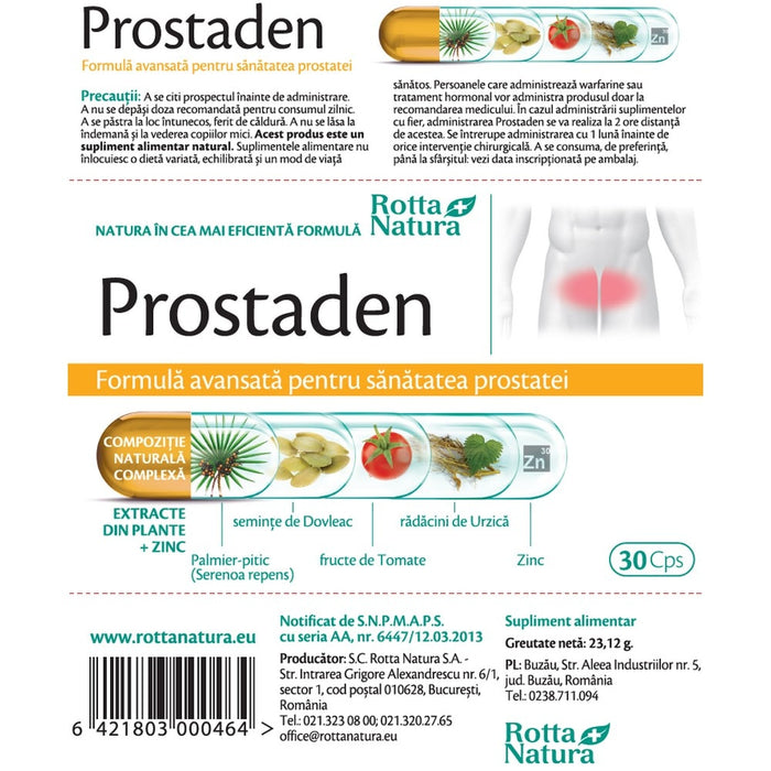 Supliment alimentar Rotta Natura Prostaden, cu extracte vegetale și zinc, 30 capsule