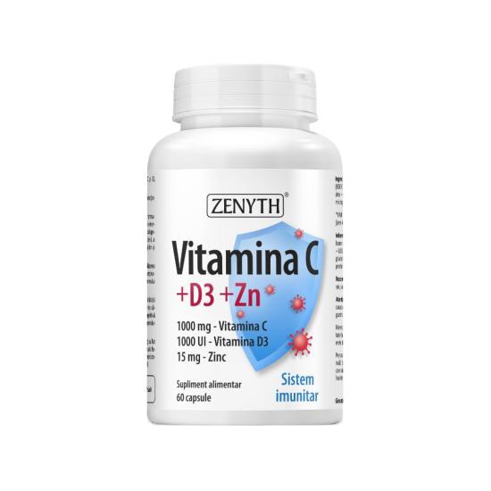Supliment alimentar Zenyth Pharmaceuticals Vitamina C + D3 + Zn, 1000 mg vitamina C, 1000 UI vitamina D3, 15 mg zinc, 60 capsule