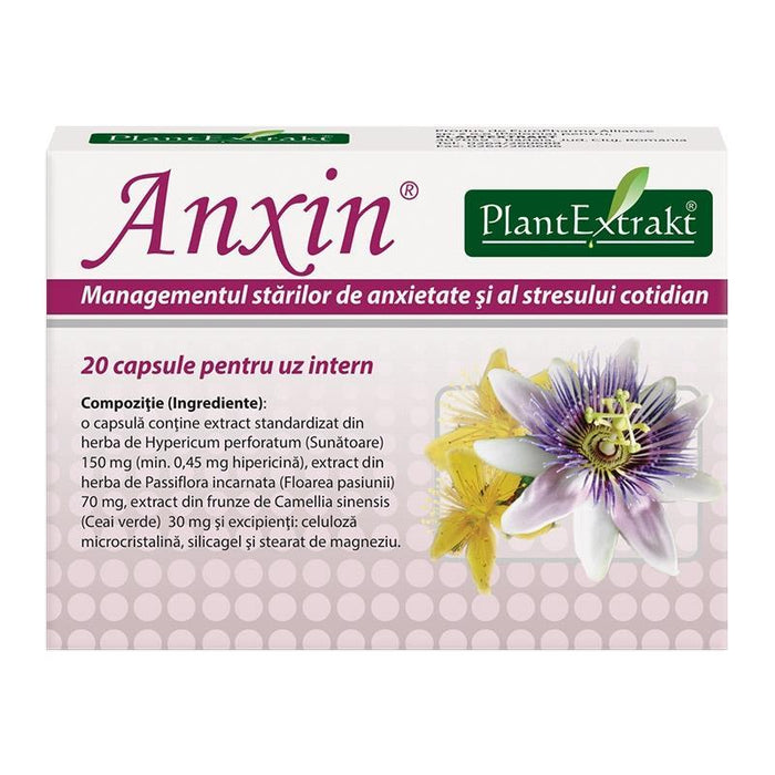 Supliment alimentar PlantExtrakt Anxin, cu extracte de sunătoare, passiflora și ceai verde, 20 capsule