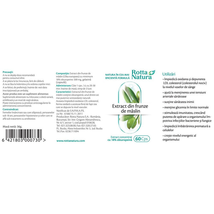 Supliment alimentar Rotta Natura Extract din frunze de măslin, 500 mg, 60 capsule