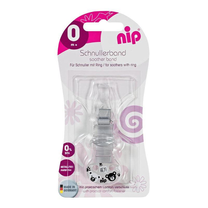 Lanț pentru suzete Nip, cu bandă textilă și clips de prindere, gri, de la 0 luni