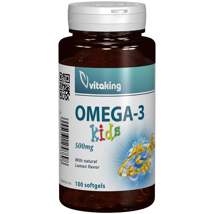 Supliment alimentar Vitaking Omega-3 Kids, 500 mg, aromă naturală de lămâie, pentru copii, 100 capsule gelatinoase