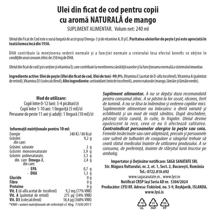 Supliment alimentar Lysi, ulei din ficat de cod pentru copii cu aromă naturală de mango, 240 ml