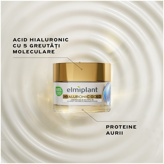 Cremă de zi antirid Elmiplant Hyaluronic Gold, cu 5 tipuri de acid hialuronic și SPF 10, 50 ml