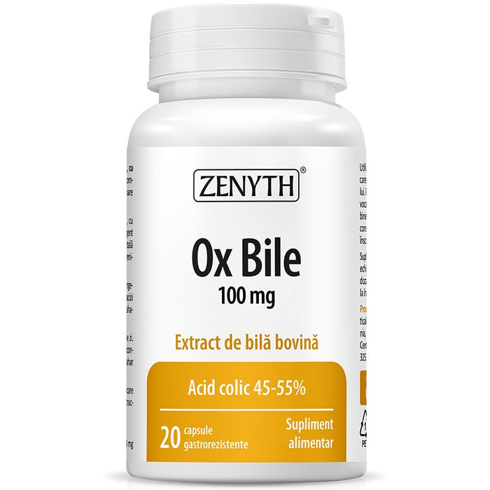 Supliment alimentar Zenyth Pharmaceuticals Ox Bile, extract de bilă bovină 100 mg, 20 capsule gastrorezistente
