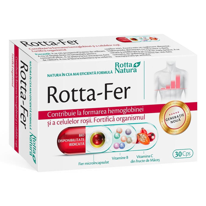 Supliment alimentar Rotta Natura Rotta-Fer, cu fier microîncapsulat, vitamina C și complex B, 30 capsule