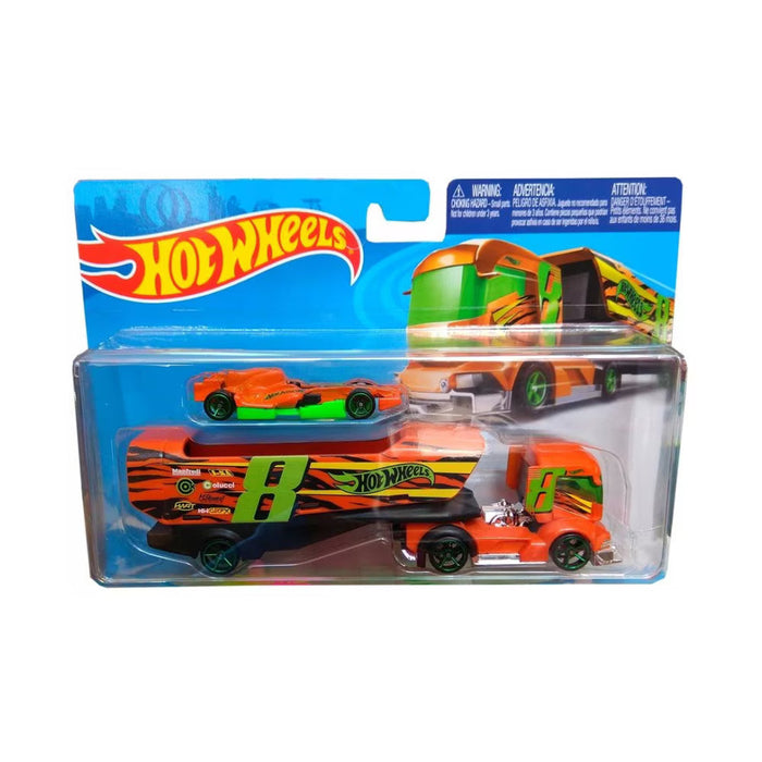 Camion transportor Mattel Hot Wheels, Big Rig Heat, cu mașină de curse