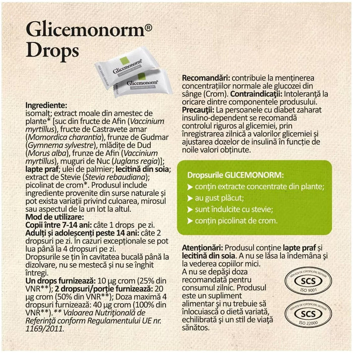 Supliment alimentar Dacia Plant Glicemonorm Drops, îndulcit cu stevie, cu picolinat de crom, 20 dropsuri