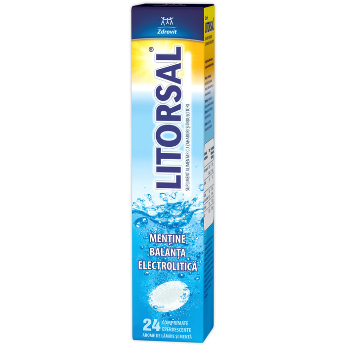 Supliment alimentar Zdrovit Litorsal Electroliți, cu vitamina C și potasiu, aromă de lămâie și mentă, 24 comprimate efervescente