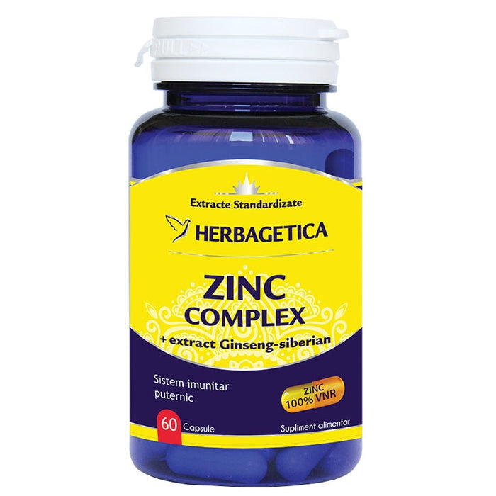 Supliment alimentar Herbagetica Zinc Complex cu extract de ginseng siberian, 60 capsule