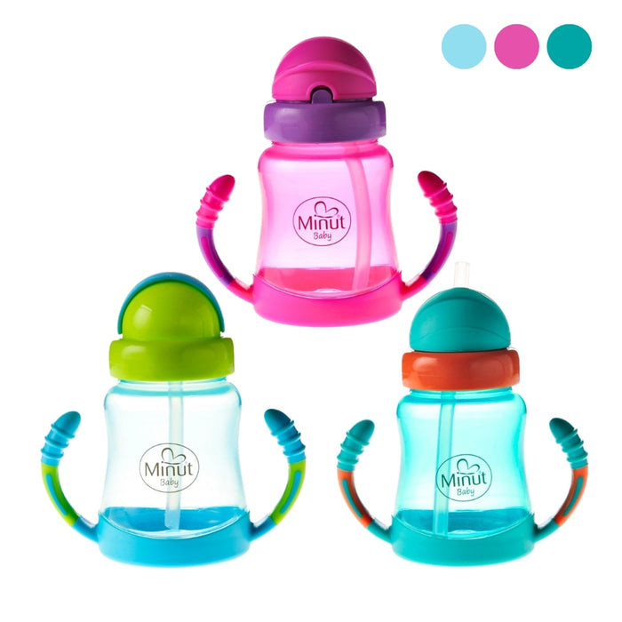 Cană cu pai Minut Baby, cu mânere și sistem anticurgere, pentru copii de la 6 luni, 210 ml