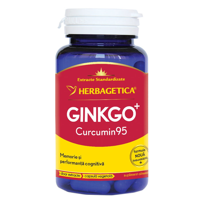 Supliment alimentar Herbagetica Ginkgo + Curcumin95, cu extracte standardizate, 30 capsule vegetale