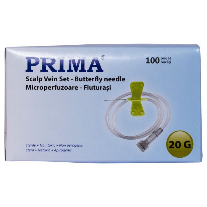 Microperfuzoare Prima, tip fluturaș, 20G, galbene, sterile, 100 bucăți
