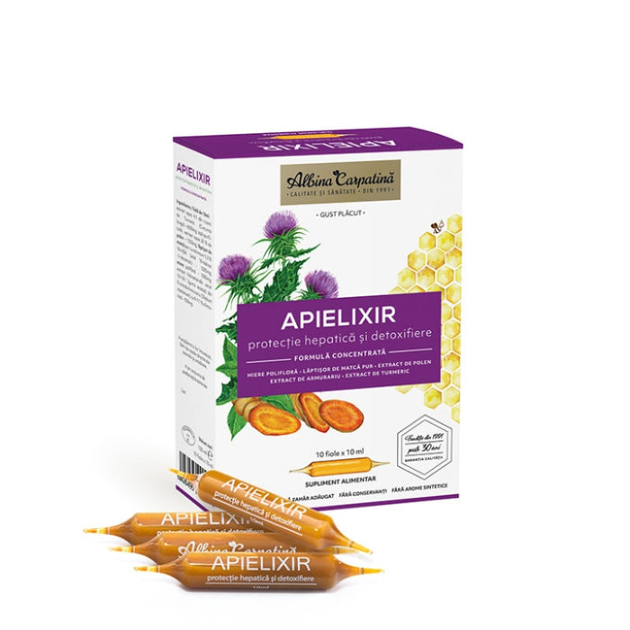 Supliment alimentar Albina Carpatina Apielixir Protecție hepatică, cu lăptișor de matcă, armurariu și turmeric, 10 fiole x 10 ml