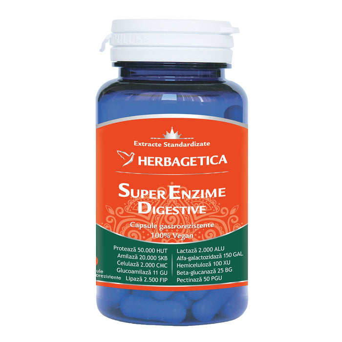 Supliment alimentar Herbagetica Super Enzime Digestive, capsule gastrorezistente, 30 capsule
