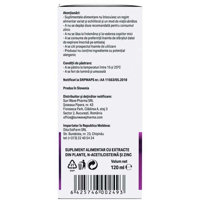 Supliment alimentar Sun Wave Pharma Sinosun, cu N-acetilcisteină și zinc, pentru copii, 120 ml