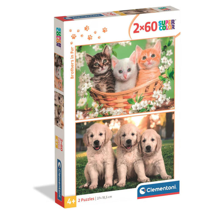 Puzzle Clementoni SuperColor, Pisicuțe și cățeluși, 2 x 60 piese, 4+ ani