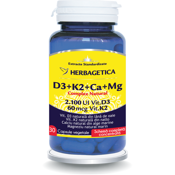 Supliment alimentar Herbagetica D3+K2+Ca+Mg Complex Natural, capsule vegetale, 30 capsule
