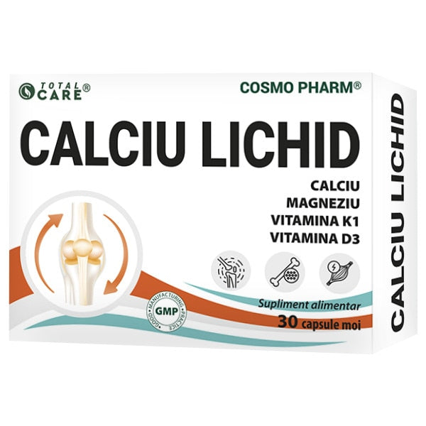 Supliment alimentar CosmoPharm Calciu Lichid, cu calciu, magneziu și vitaminele K1 și D3, 30 capsule moi