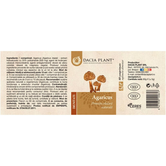 Supliment alimentar Dacia Plant Agaricus, 60 comprimate