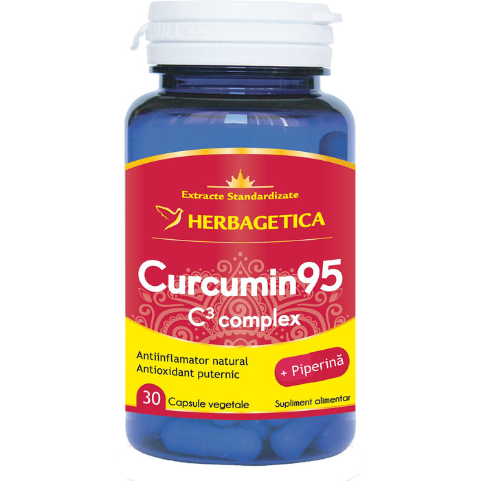 Supliment alimentar Herbagetica Curcumin95 C3 Complex, cu 95% curcuminoide și piperină, 30 capsule
